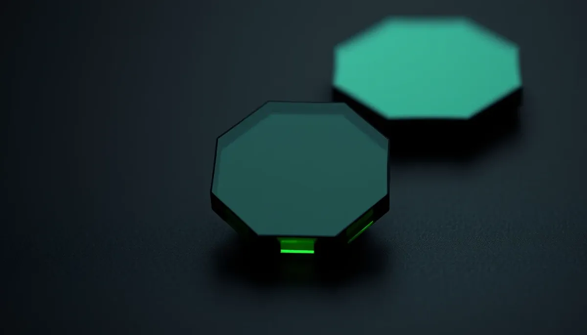 A single hexagonal token cut from dark green glass standing on a black surface, its faces perfectly smooth.