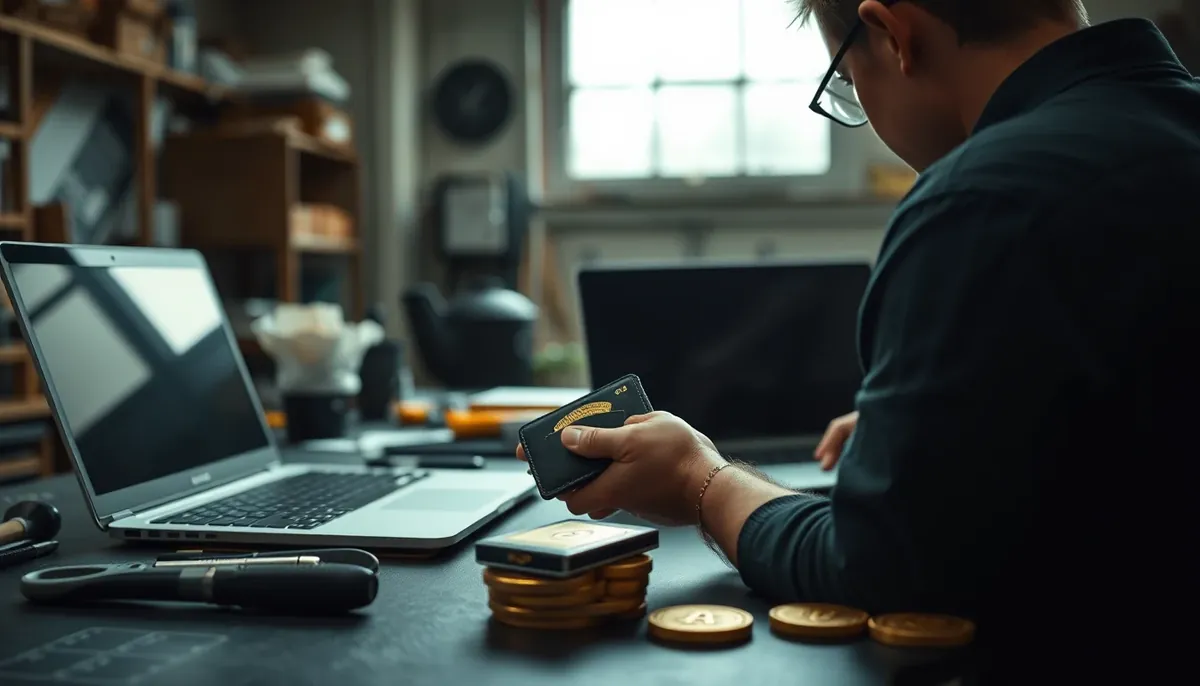 A Dutch workshop interior, a person from behind at a workbench examining a hardware wallet and a laptop with a dark screen, tools and plain golden tokens with geometric relief nearby.