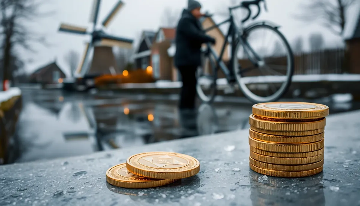 A Dutch windmill beside a frozen canal in winter, a person seen from behind locking a bicycle, a small stack of plain golden tokens with geometric relief on the icy ground.