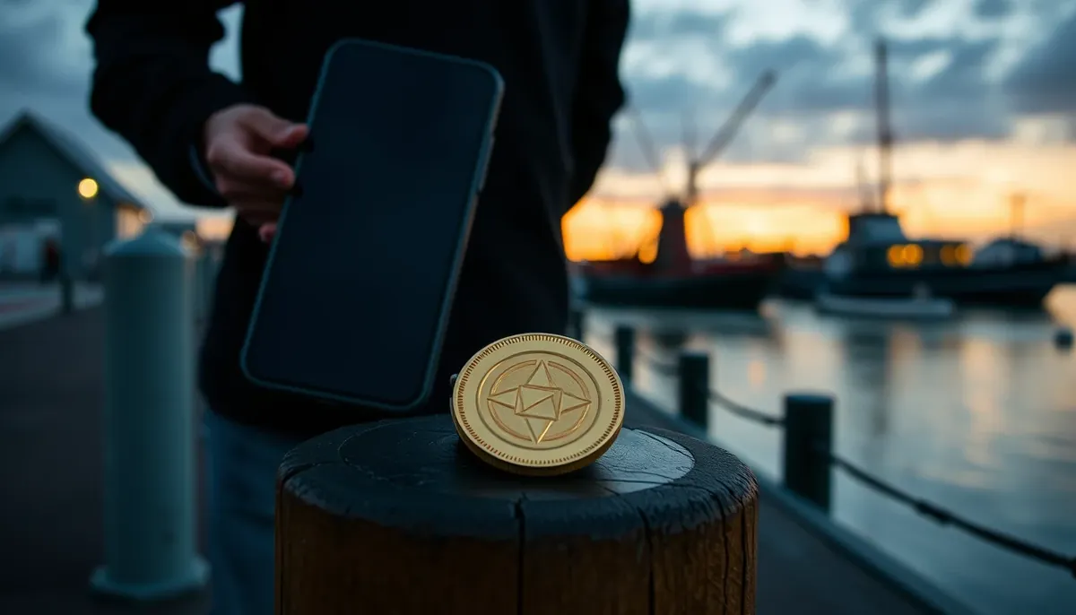 A Dutch harbour pier at dusk, a person from behind holding a phone with a dark screen, plain golden tokens with geometric relief placed on a wooden bollard.